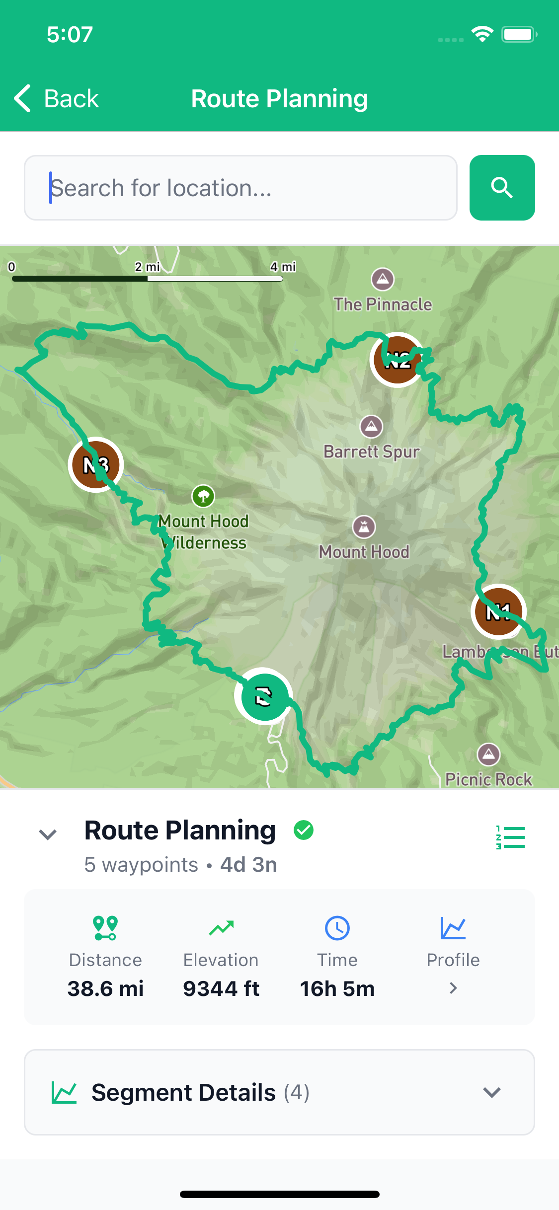 TrailSync route planning map with trail waypoints and elevation profile